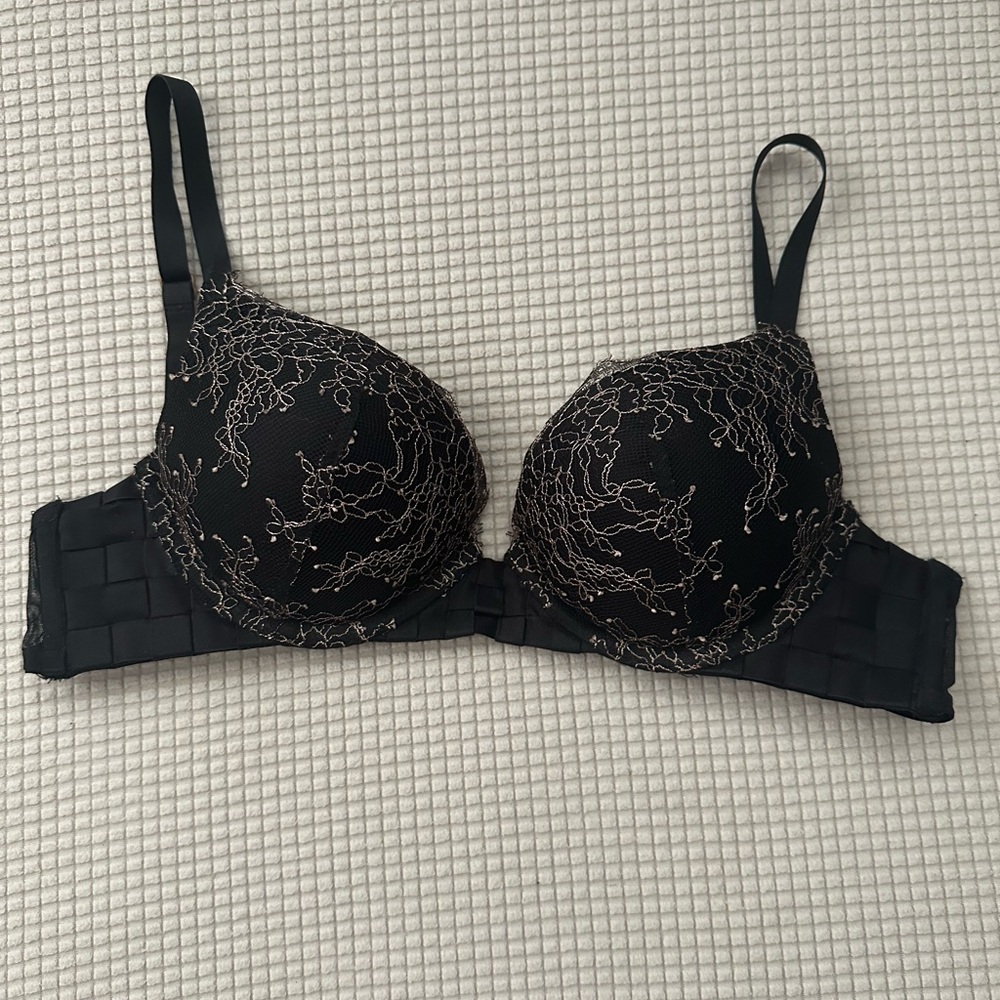 Victoria's Secret Black Bombshell Push up Bra with Gold Embroidery